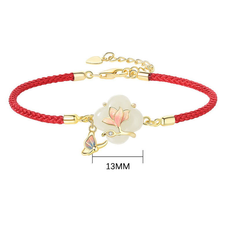 Fortune Jewel 925 Sterling Silver Hetian Jade Magnolia Flower Butterfly Luck Chain Bracelet