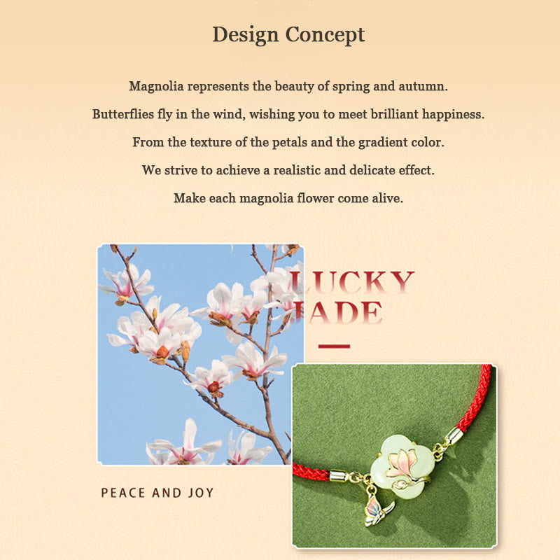 Fortune Jewel 925 Sterling Silver Hetian Jade Magnolia Flower Butterfly Luck Chain Bracelet