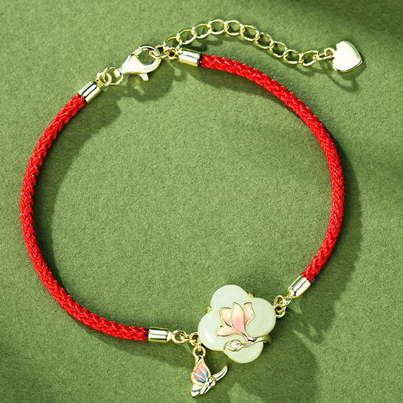 Fortune Jewel 925 Sterling Silver Hetian Jade Magnolia Flower Butterfly Luck Chain Bracelet