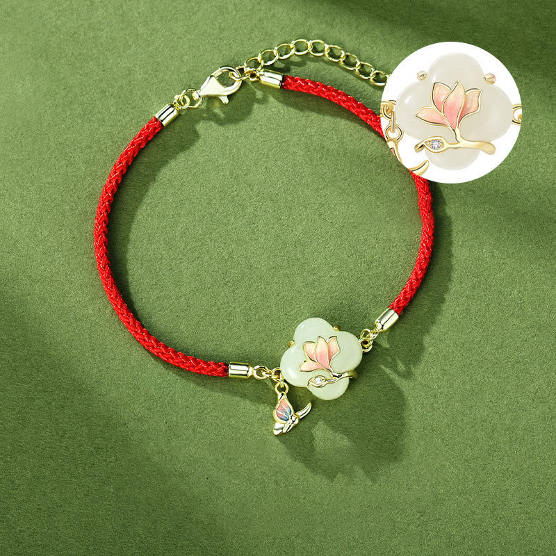 Fortune Jewel 925 Sterling Silver Hetian Jade Magnolia Flower Butterfly Luck Chain Bracelet