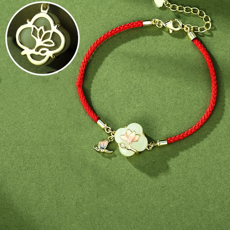 Fortune Jewel 925 Sterling Silver Hetian Jade Magnolia Flower Butterfly Luck Chain Bracelet