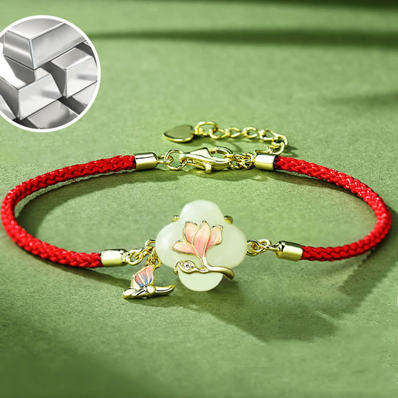 Fortune Jewel 925 Sterling Silver Hetian Jade Magnolia Flower Butterfly Luck Chain Bracelet