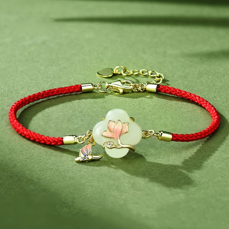 Fortune Jewel 925 Sterling Silver Hetian Jade Magnolia Flower Butterfly Luck Chain Bracelet