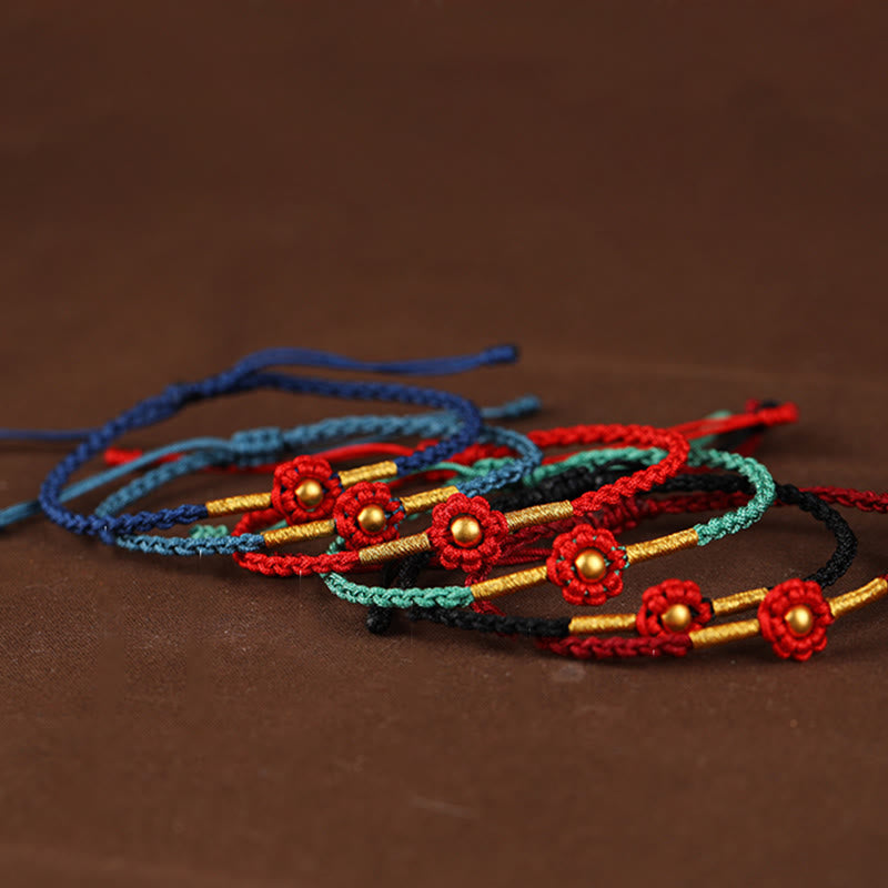 Fortune Jewel 999 Gold Mini Bead Handmade Flower Design Luck Protection Rope Bracelet