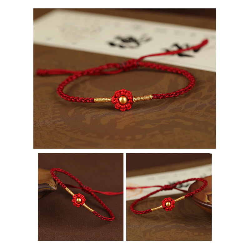 Fortune Jewel 999 Gold Mini Bead Handmade Flower Design Luck Protection Rope Bracelet