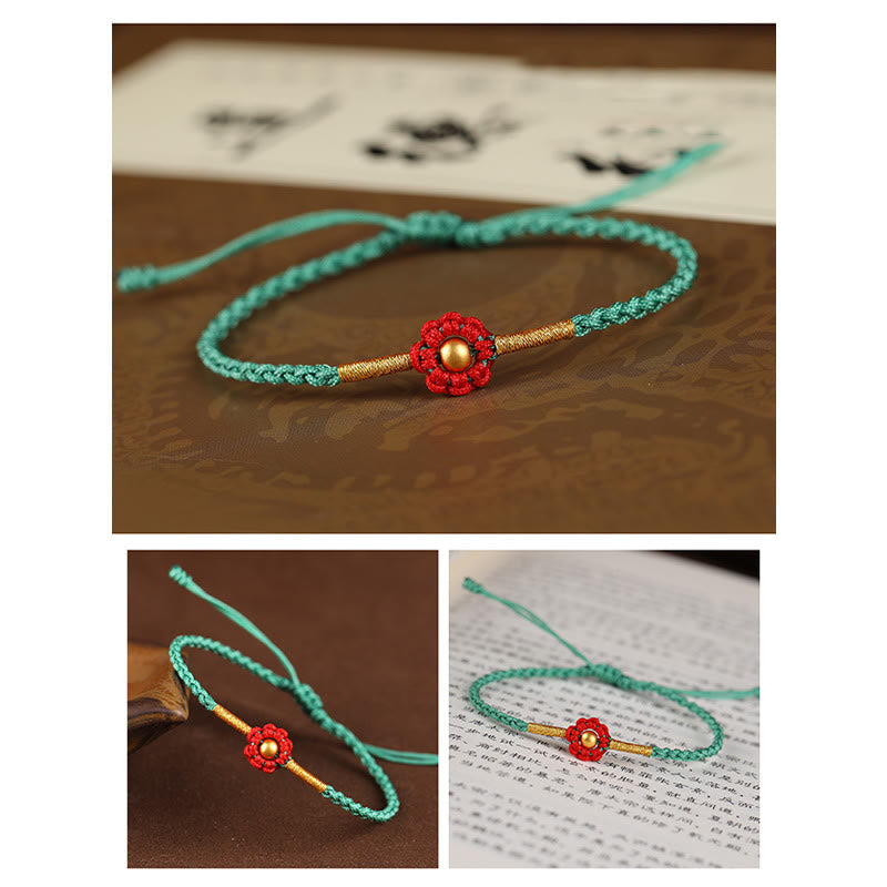 Fortune Jewel 999 Gold Mini Bead Handmade Flower Design Luck Protection Rope Bracelet