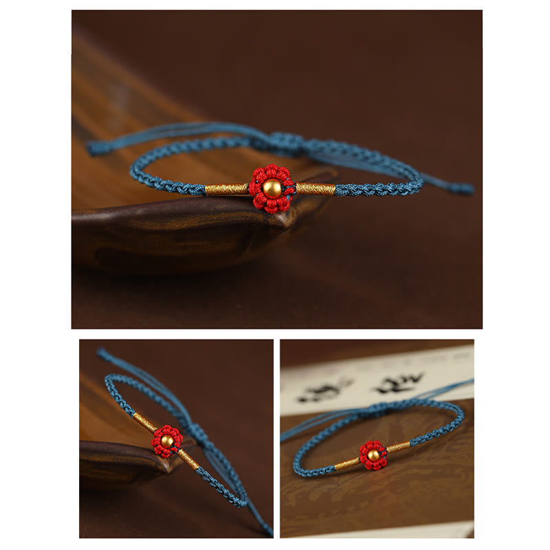Fortune Jewel 999 Gold Mini Bead Handmade Flower Design Luck Protection Rope Bracelet