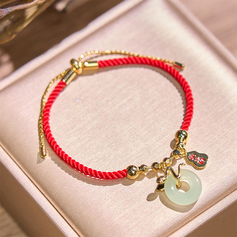 Fortune Jewel Copper Plated Gold Jade Peace Buckle Fu Character Year Of The Snake Red String Luck Bracelet