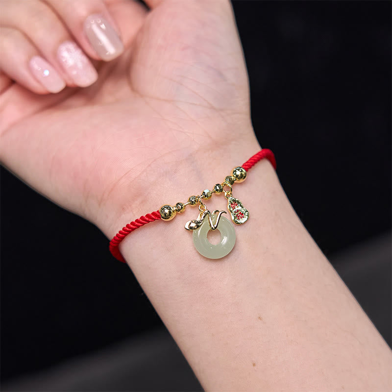 Fortune Jewel Copper Plated Gold Jade Peace Buckle Fu Character Year Of The Snake Red String Luck Bracelet