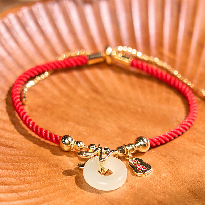 Fortune Jewel Copper Plated Gold Jade Peace Buckle Fu Character Year Of The Snake Red String Luck Bracelet