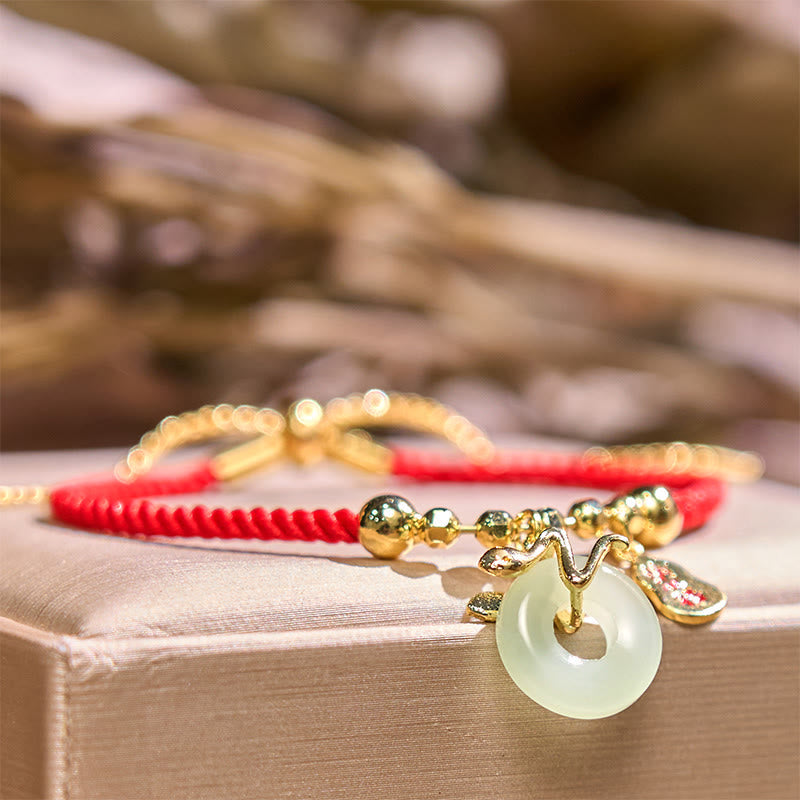 Fortune Jewel Copper Plated Gold Jade Peace Buckle Fu Character Year Of The Snake Red String Luck Bracelet