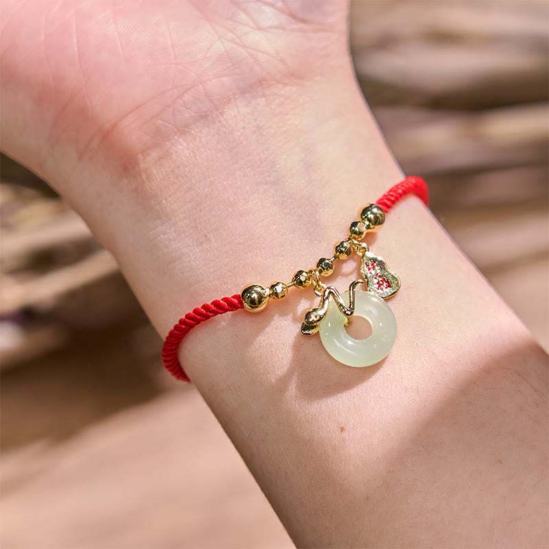 Fortune Jewel Copper Plated Gold Jade Peace Buckle Fu Character Year Of The Snake Red String Luck Bracelet