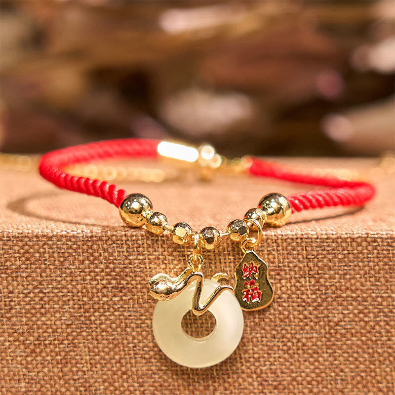 Fortune Jewel Copper Plated Gold Jade Peace Buckle Fu Character Year Of The Snake Red String Luck Bracelet