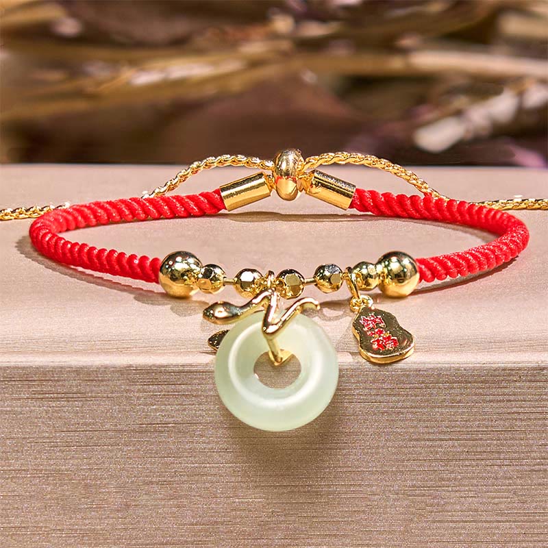 Fortune Jewel Copper Plated Gold Jade Peace Buckle Fu Character Year Of The Snake Red String Luck Bracelet