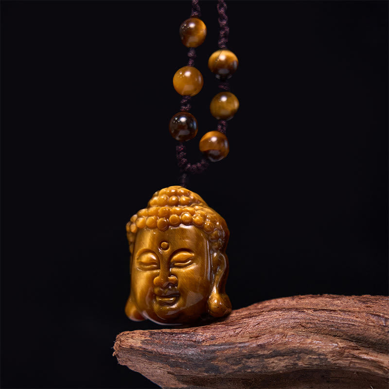 Fortune Jewel Tiger Eye String Buddha Head Courage Necklace Pendant