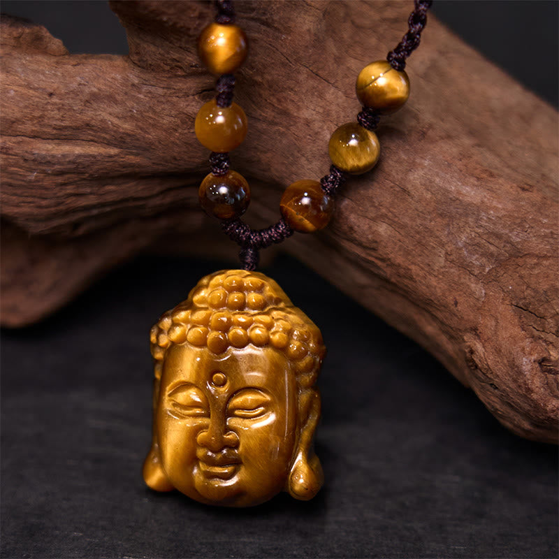 Fortune Jewel Tiger Eye String Buddha Head Courage Necklace Pendant