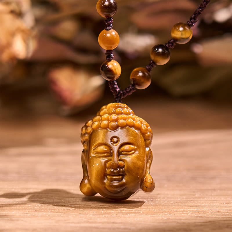 Fortune Jewel Tiger Eye String Buddha Head Courage Necklace Pendant