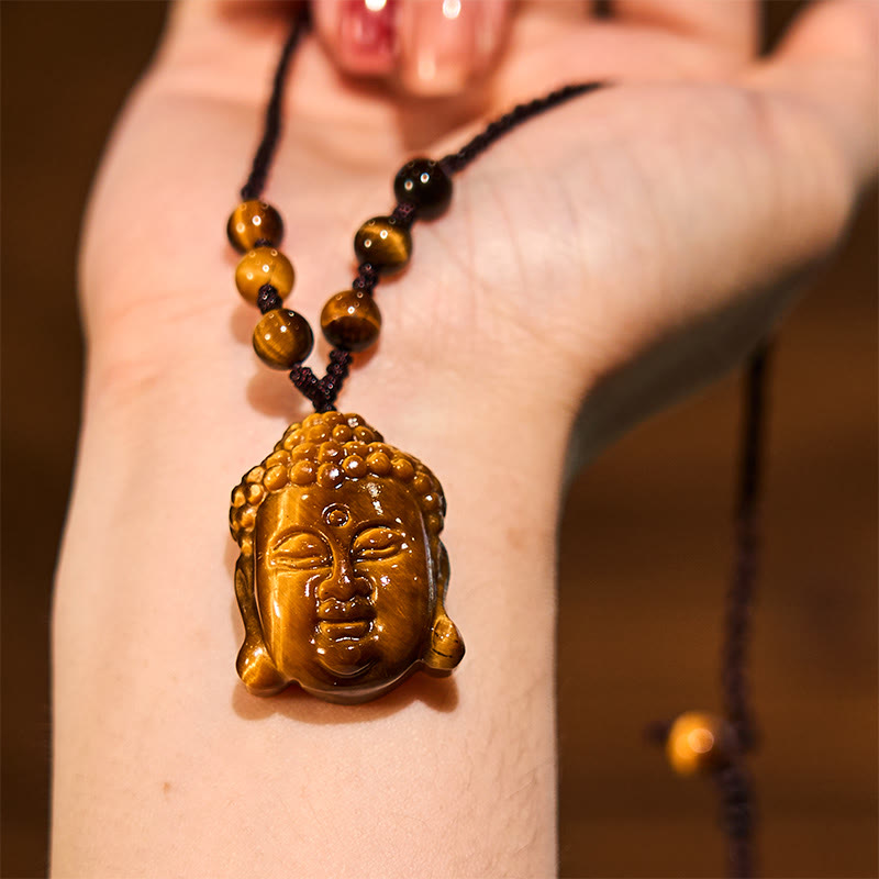 Fortune Jewel Tiger Eye String Buddha Head Courage Necklace Pendant