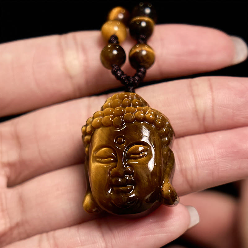 Fortune Jewel Tiger Eye String Buddha Head Courage Necklace Pendant
