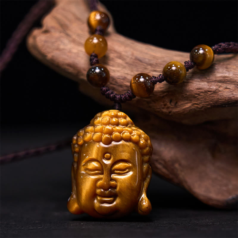 Fortune Jewel Tiger Eye String Buddha Head Courage Necklace Pendant