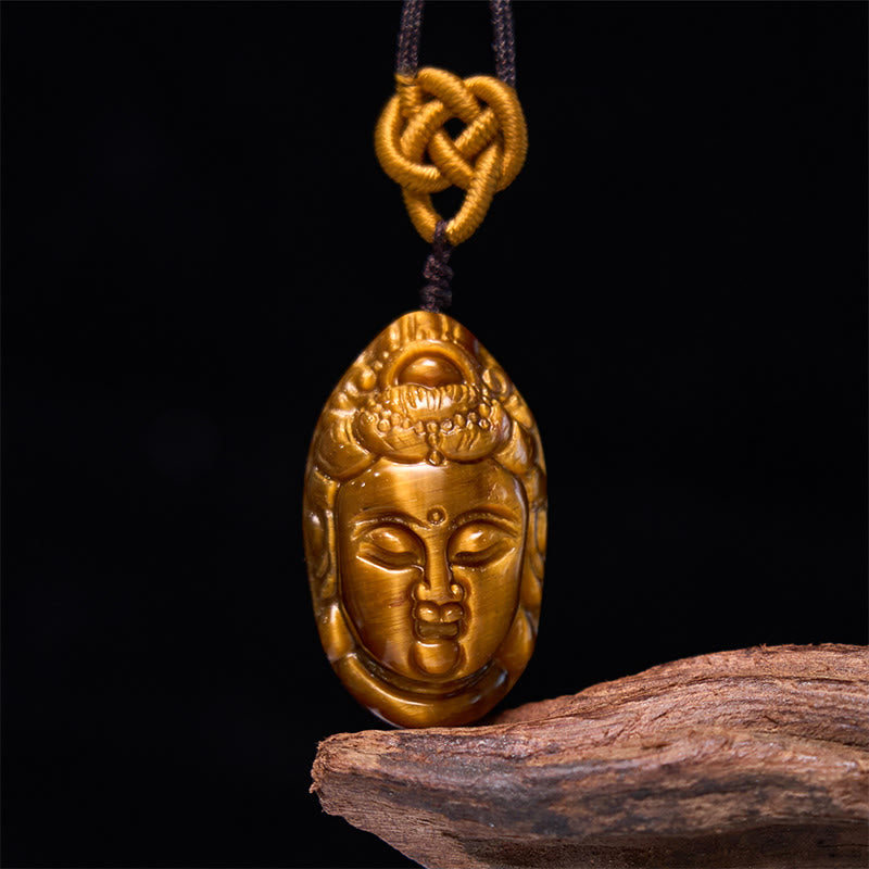 Fortune Jewel Tiger Eye Kwan Yin Avalokitesvara Head String Strength Necklace Pendant