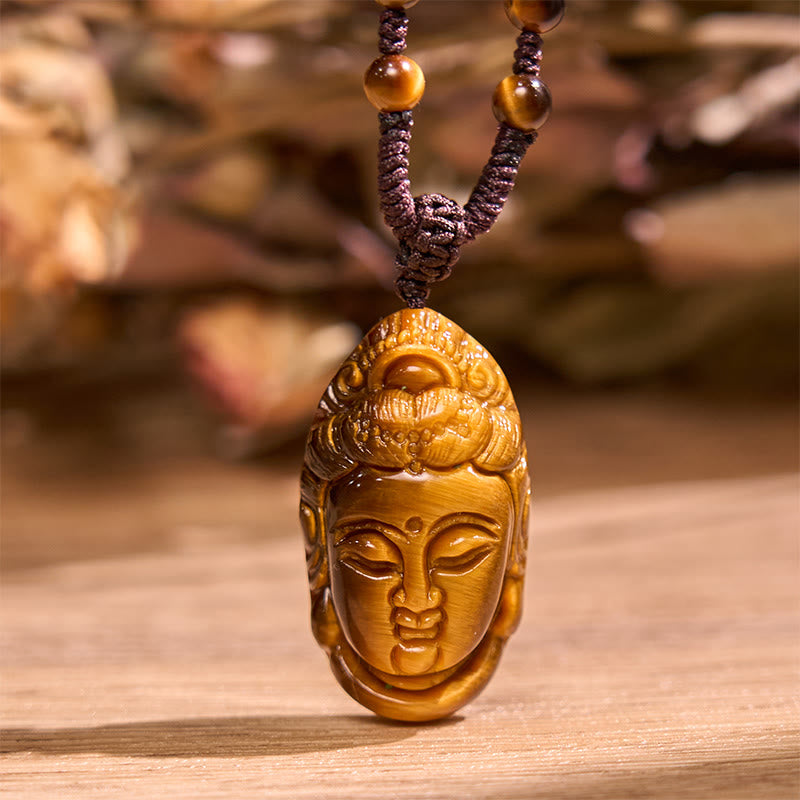 Fortune Jewel Tiger Eye Kwan Yin Avalokitesvara Head String Strength Necklace Pendant