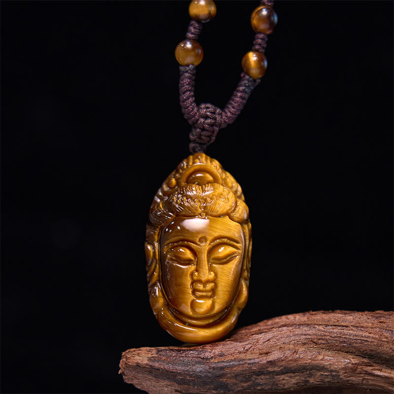 Fortune Jewel Tiger Eye Kwan Yin Avalokitesvara Head String Strength Necklace Pendant