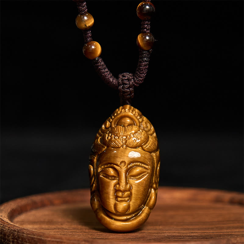 Fortune Jewel Tiger Eye Kwan Yin Avalokitesvara Head String Strength Necklace Pendant