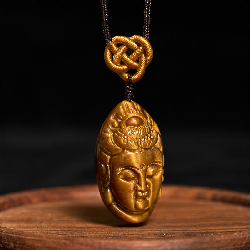 Fortune Jewel Tiger Eye Kwan Yin Avalokitesvara Head String Strength Necklace Pendant