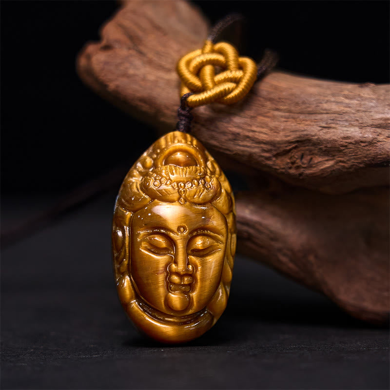 Fortune Jewel Tiger Eye Kwan Yin Avalokitesvara Head String Strength Necklace Pendant