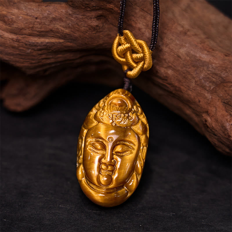 Fortune Jewel Tiger Eye Kwan Yin Avalokitesvara Head String Strength Necklace Pendant