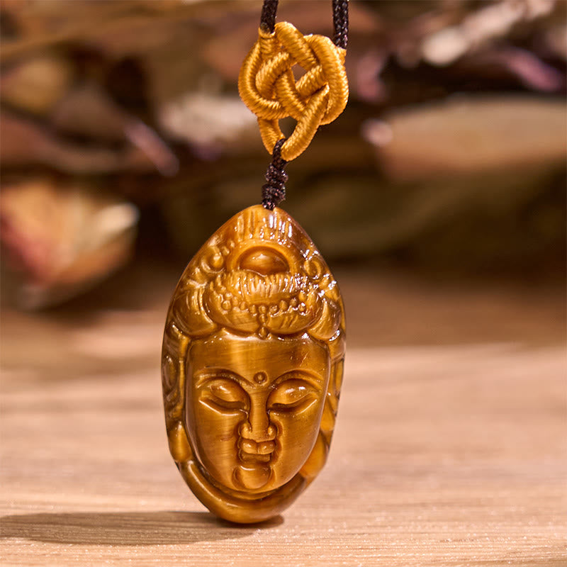 Fortune Jewel Tiger Eye Kwan Yin Avalokitesvara Head String Strength Necklace Pendant
