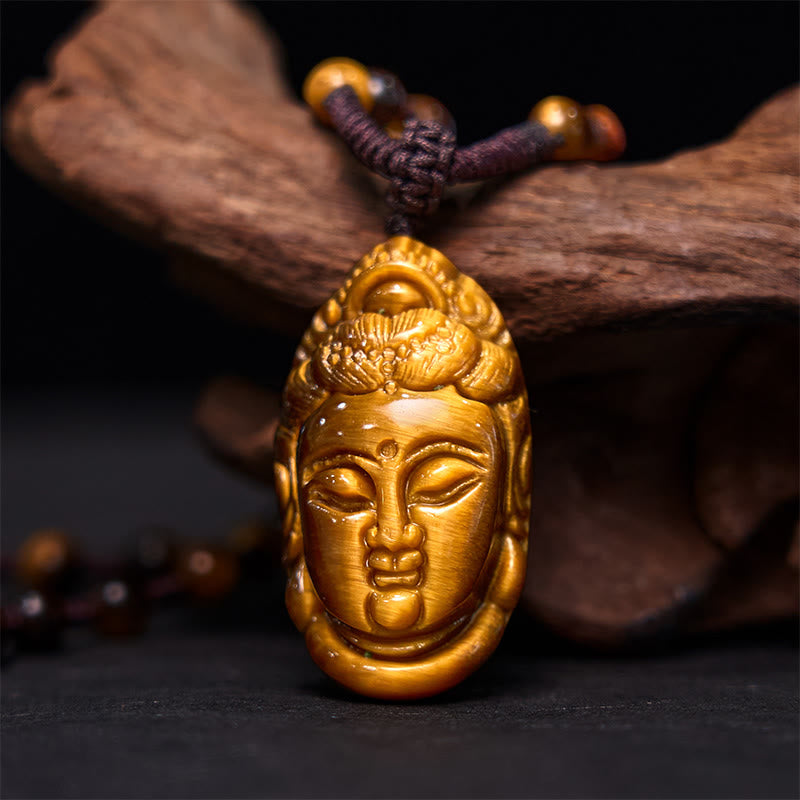 Fortune Jewel Tiger Eye Kwan Yin Avalokitesvara Head String Strength Necklace Pendant