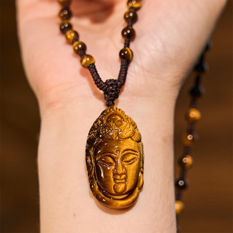 Fortune Jewel Tiger Eye Kwan Yin Avalokitesvara Head String Strength Necklace Pendant