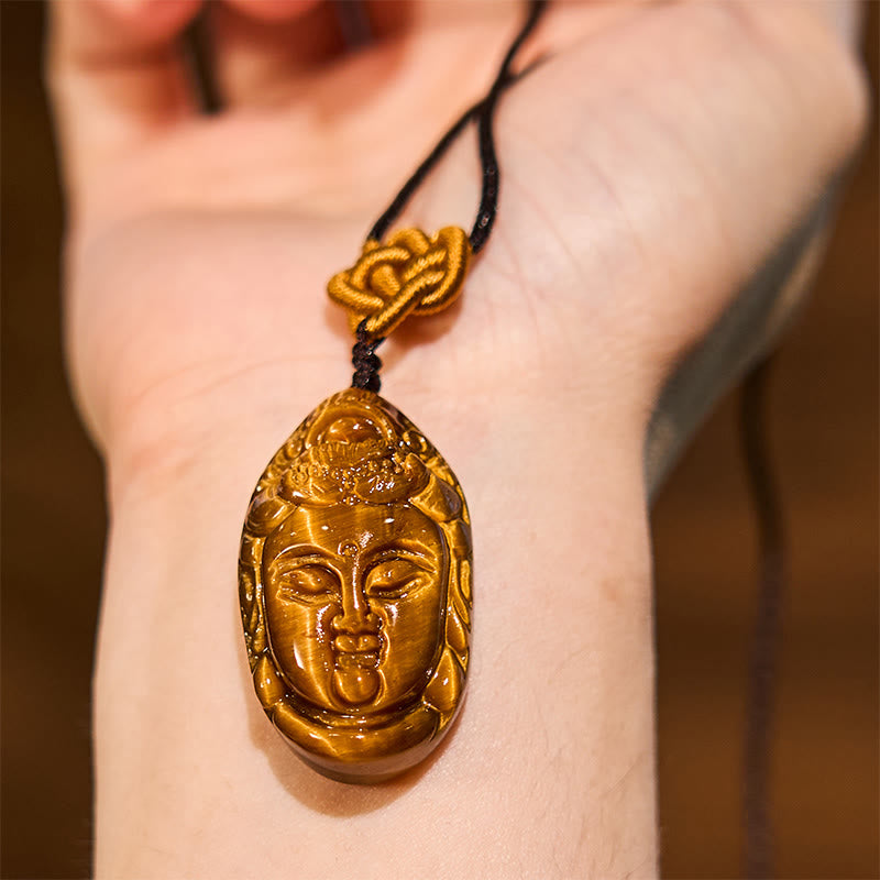 Fortune Jewel Tiger Eye Kwan Yin Avalokitesvara Head String Strength Necklace Pendant