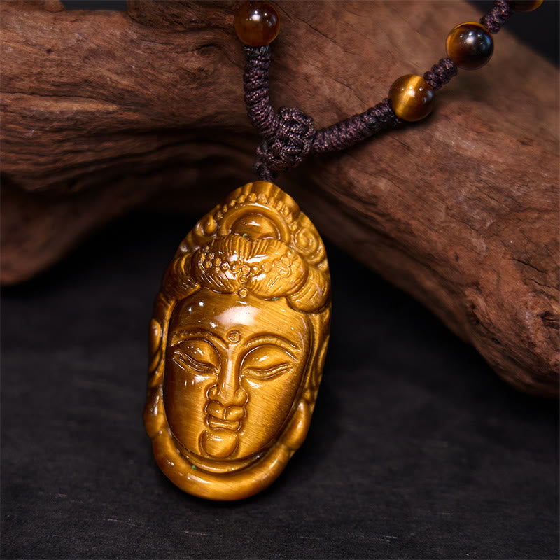 Fortune Jewel Tiger Eye Kwan Yin Avalokitesvara Head String Strength Necklace Pendant