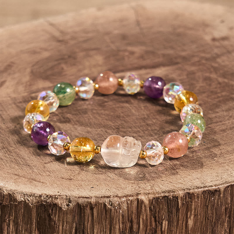 Fortune Jewel PiXiu White Crystal Citrine Green Strawberry Quartz Amethyst Luck Bracelet