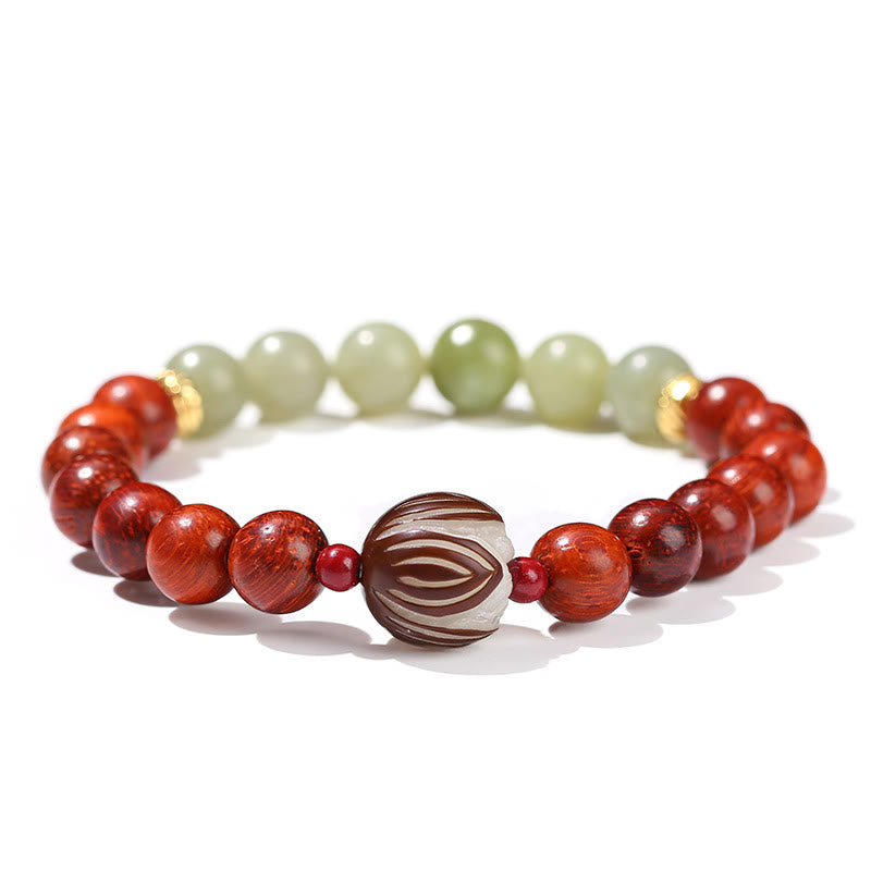 Fortune Jewel Natural Rosewood Cyan Jade Bodhi Seed Lotus Warmth Calm Bracelet