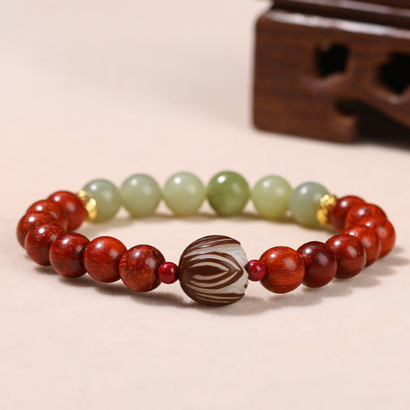 Fortune Jewel Natural Rosewood Cyan Jade Bodhi Seed Lotus Warmth Calm Bracelet