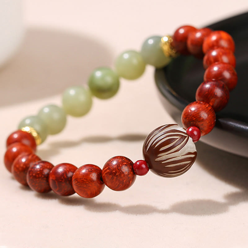 Fortune Jewel Natural Rosewood Cyan Jade Bodhi Seed Lotus Warmth Calm Bracelet
