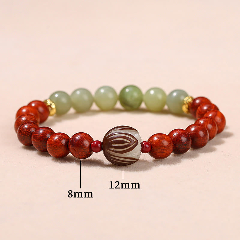 Fortune Jewel Natural Rosewood Cyan Jade Bodhi Seed Lotus Warmth Calm Bracelet