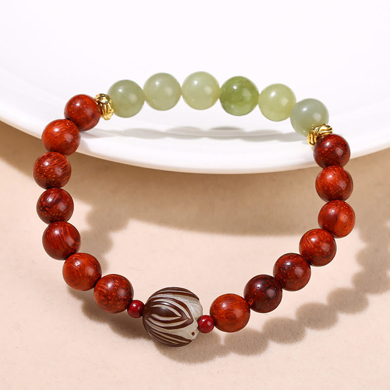 Fortune Jewel Natural Rosewood Cyan Jade Bodhi Seed Lotus Warmth Calm Bracelet