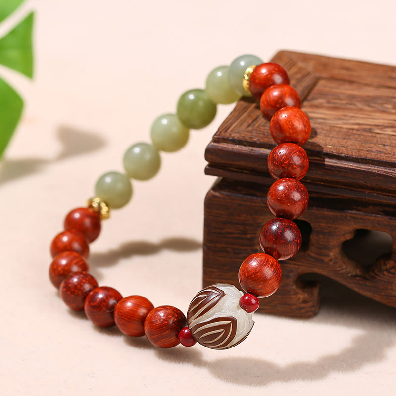 Fortune Jewel Natural Rosewood Cyan Jade Bodhi Seed Lotus Warmth Calm Bracelet
