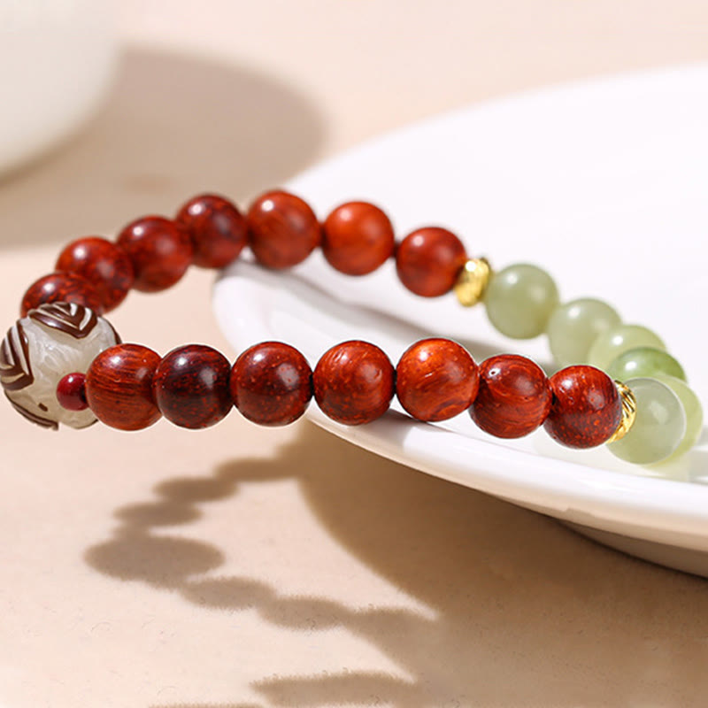 Fortune Jewel Natural Rosewood Cyan Jade Bodhi Seed Lotus Warmth Calm Bracelet