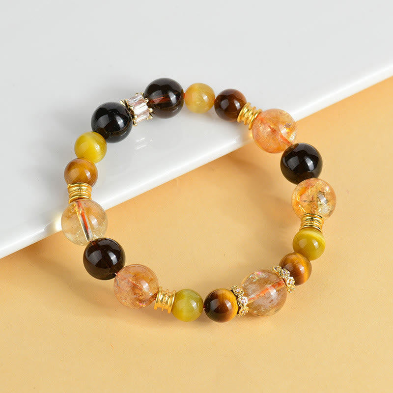 Fortune Jewel Natural Citrine Smoky Quartz Tiger Eye Duobao Crystal Prosperity Bracelet