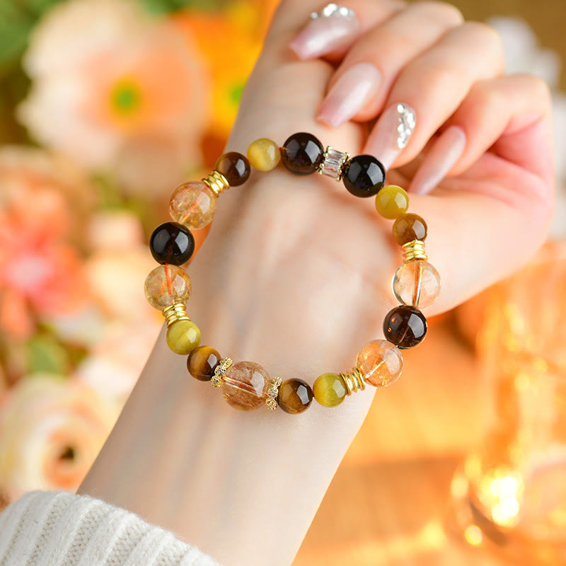 Fortune Jewel Natural Citrine Smoky Quartz Tiger Eye Duobao Crystal Prosperity Bracelet