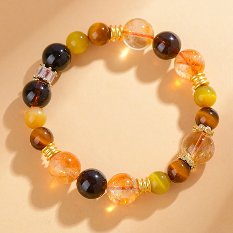 Fortune Jewel Natural Citrine Smoky Quartz Tiger Eye Duobao Crystal Prosperity Bracelet