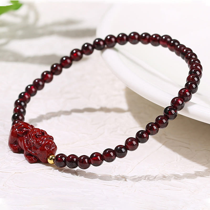 Fortune Jewel Garnet Cinnabar PiXiu Strawberry Quartz Square Bead Protection Bracelet