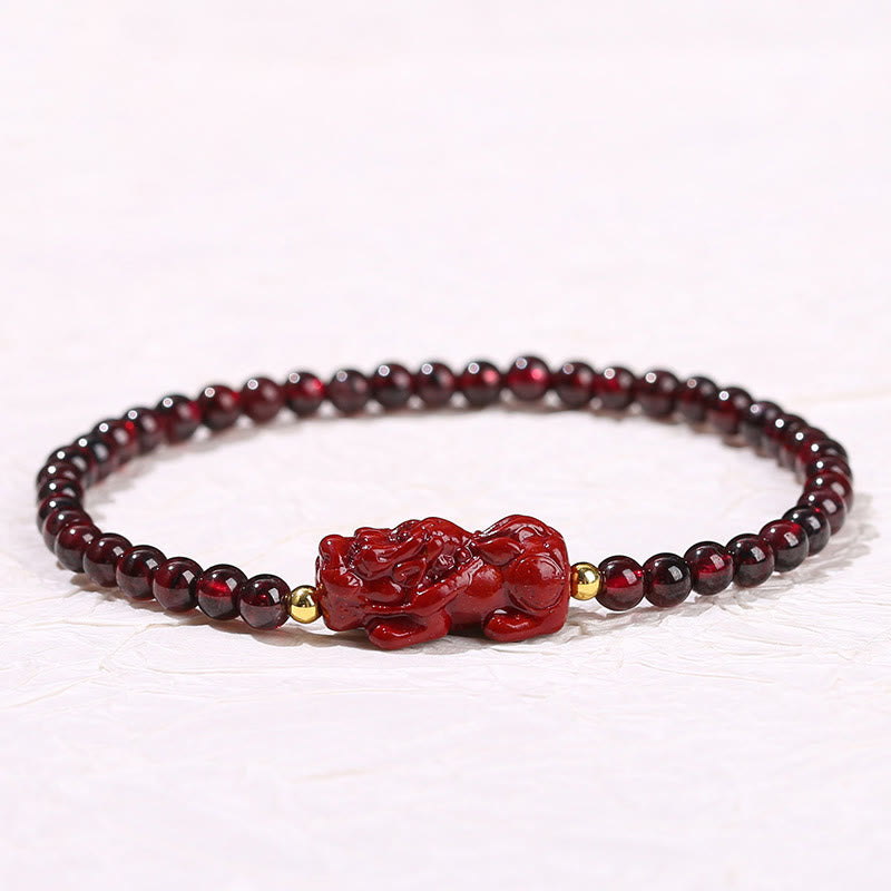 Fortune Jewel Garnet Cinnabar PiXiu Strawberry Quartz Square Bead Protection Bracelet
