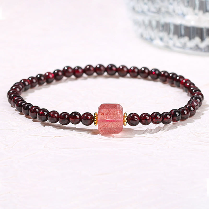 Fortune Jewel Garnet Cinnabar PiXiu Strawberry Quartz Square Bead Protection Bracelet